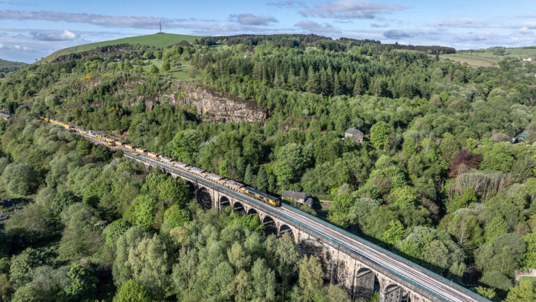 An aerial view of Saddleworth Viaduct.